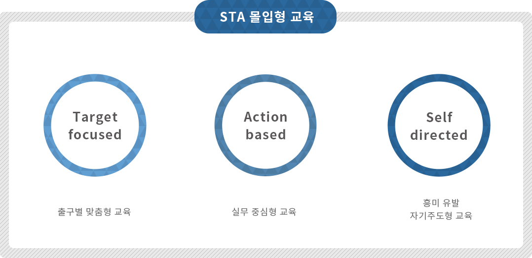 STA 몰입형 교육, Target focused 출구별 맞춤형 교육, Action based 실무 중심형 교육, Self directed 흥미 유발 자기주도형 교육